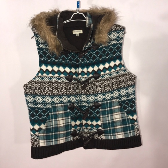 Maurices L Teal & Brown Vest with Fur Hood - Picture 2 of 6